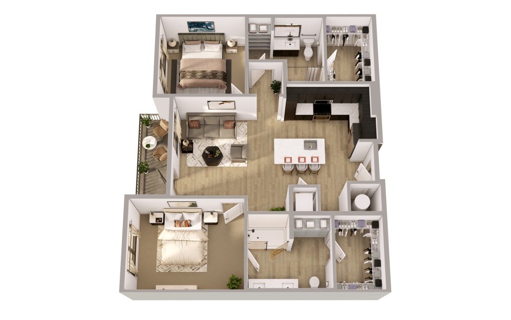 B1 - 2 bedroom floorplan layout with 2 bathrooms and 1136 square feet