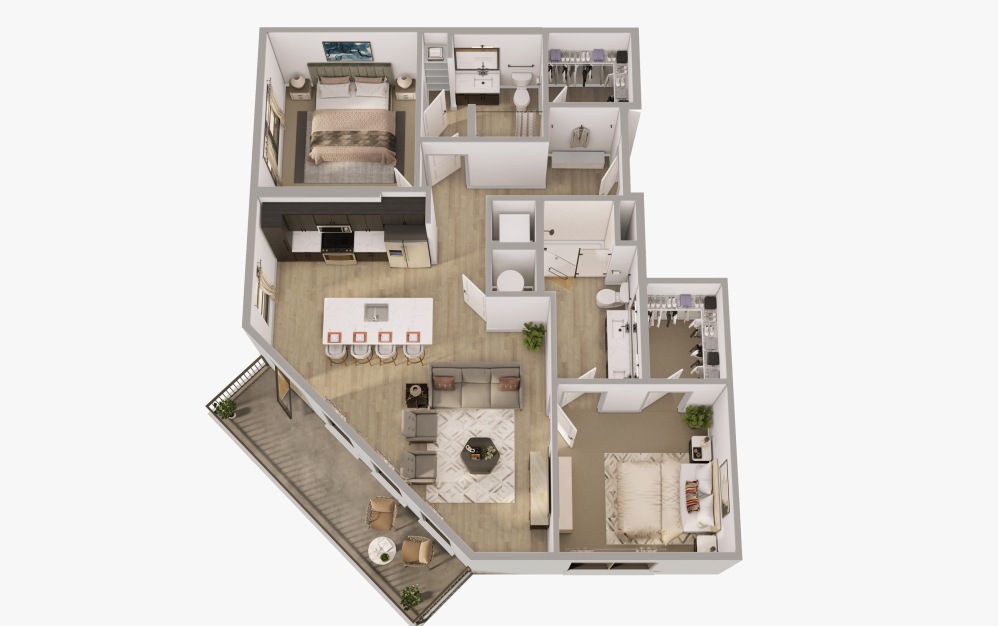 B2 - 2 bedroom floorplan layout with 2 bathrooms and 1120 square feet