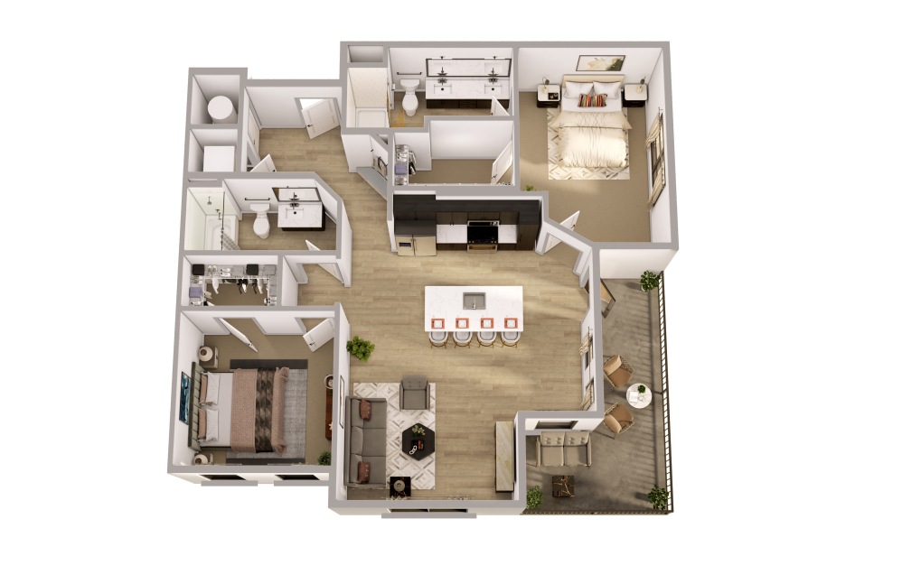 B3 - 2 bedroom floorplan layout with 2 bathrooms and 1167 square feet