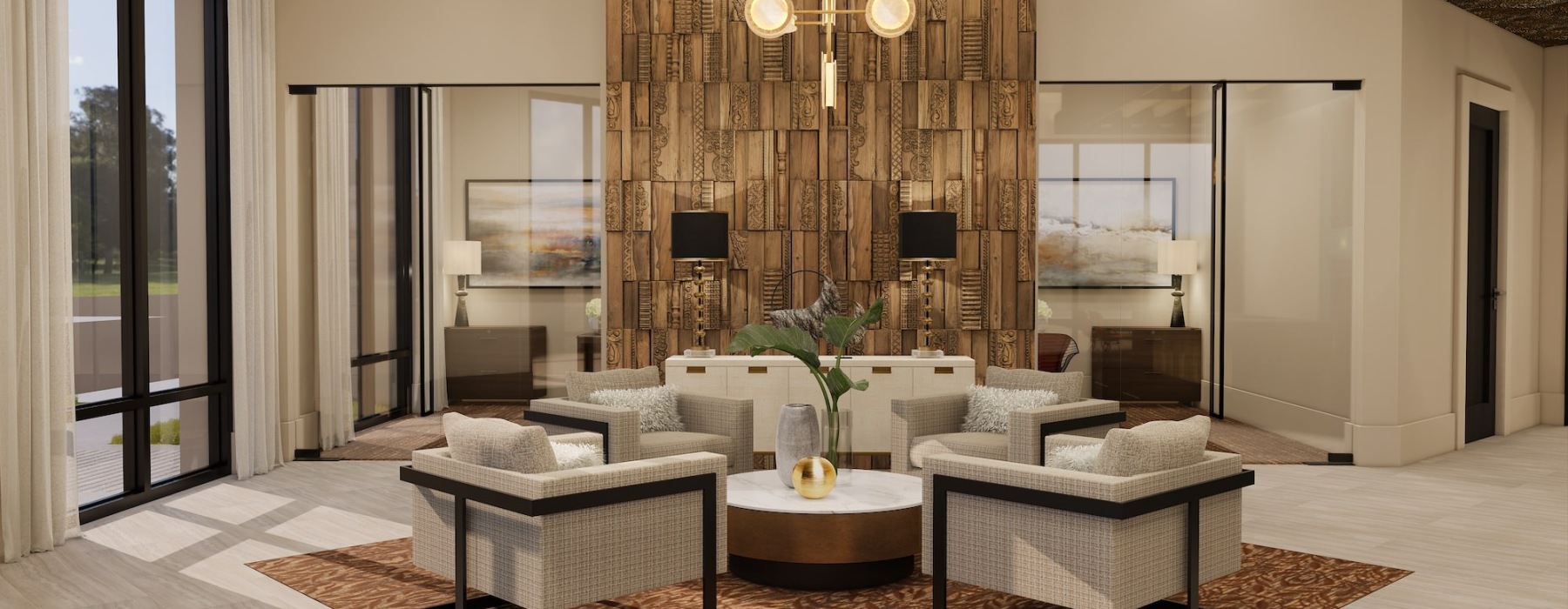 a room with a large chandelier and a couch