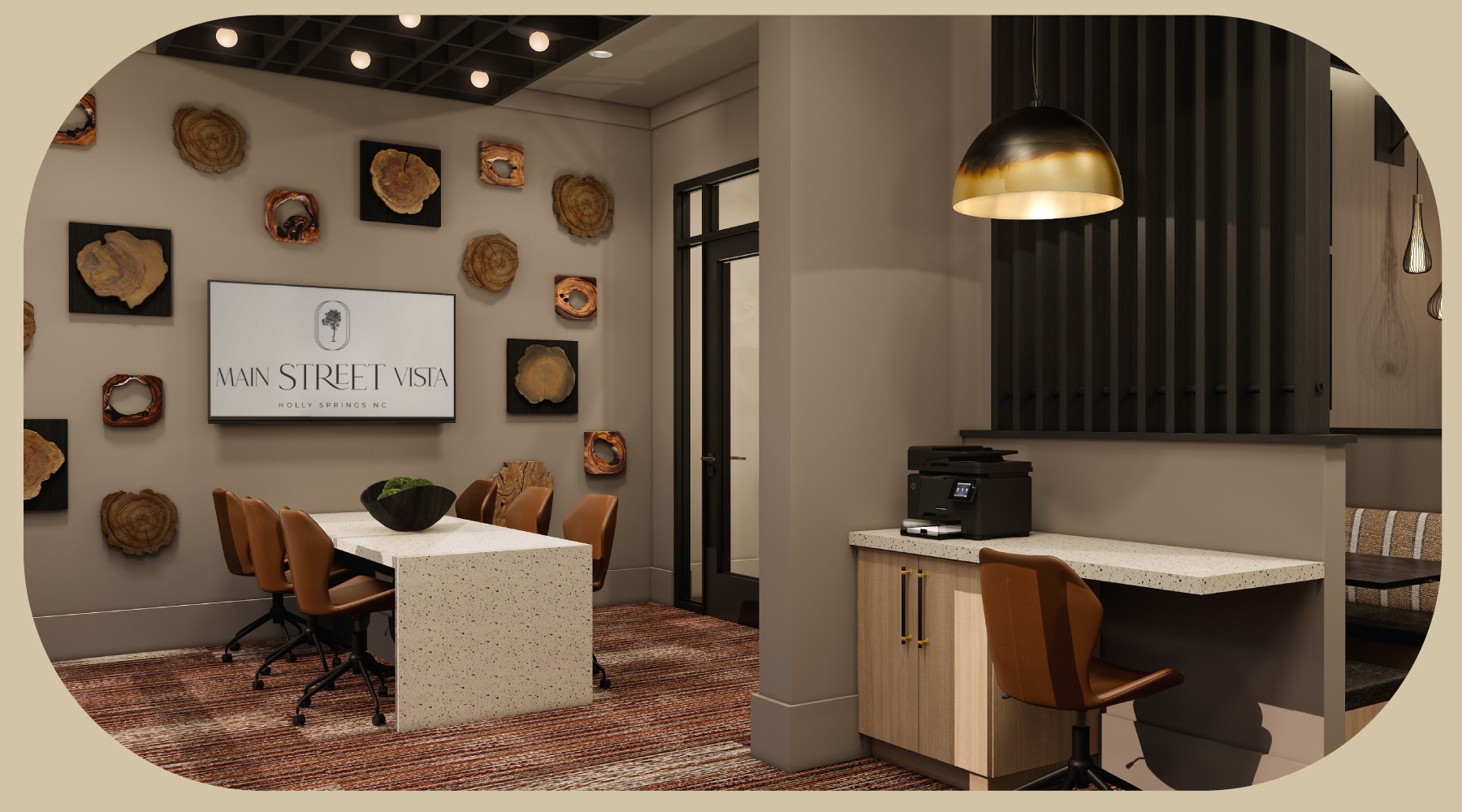 a business lounge with tables and booths