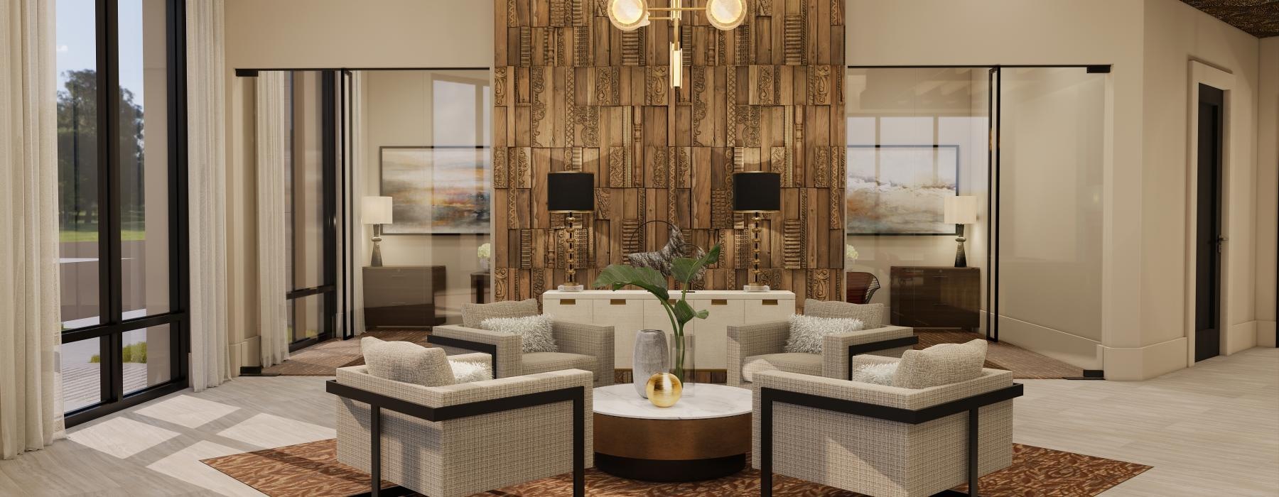 a room with a large chandelier and a couch