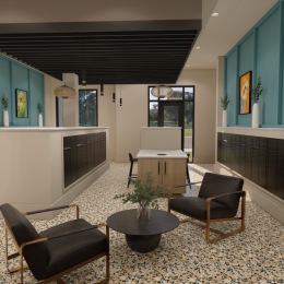 a mailroom with blue walls and chairs