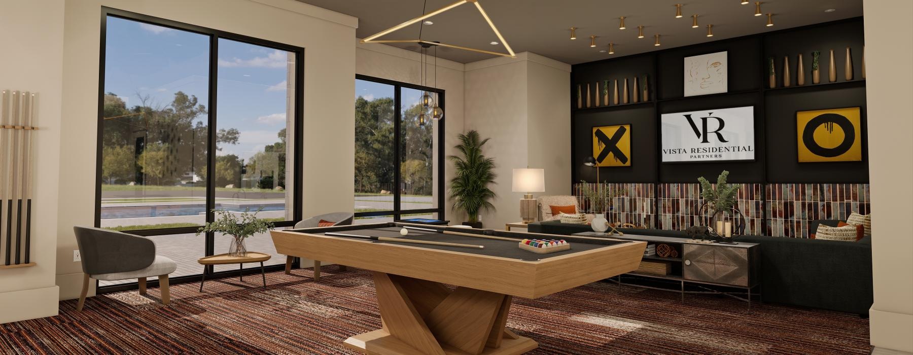 a room with natural lighting and a billiards table