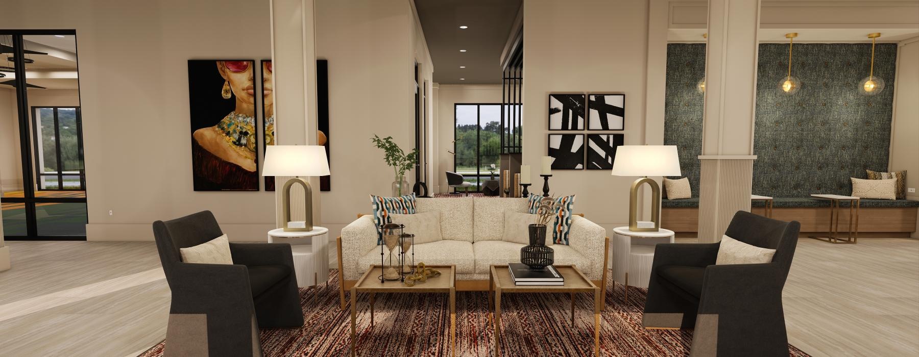 a spacious room with a sofa and lounge seating